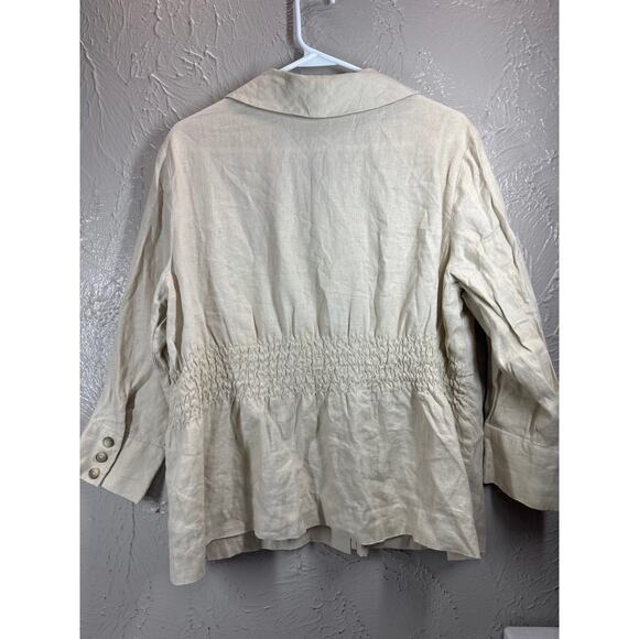 KATE HILL Tan Linen Button Front Jacket Smocked Utility Safari Womens Size 16 - Picture 2 of 5